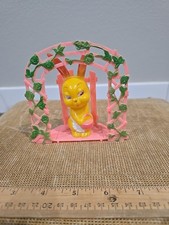 READ Vintage Easter 1950s Candy Container Bunny in Arch w Green Floral Trellis.  picture