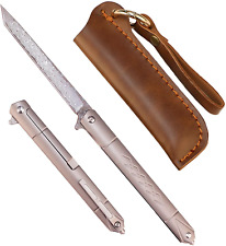 Damascus Folding Pocket Flipper Knife Tanto Blade Titanium Handle Small Slim EDC picture