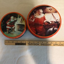Lot 2 Vintage Coca Cola Santa Tins Round Holiday Christmas Decor Collectible picture