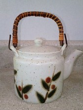VTG Otagiri Teapot Persimmon Stoneware with Woven Handle Mid Century picture
