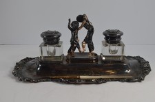 Antique Reed & Barton 280 Double Inkwell Cherub Desk Set E.S. Johnson MOP Pen picture