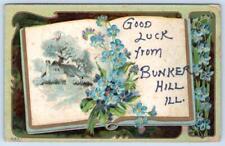 BUNKER HILL ILLINOIS GOOD LUCK 1910's ERA EMBOSSED FLOWERS  ANTIQUE POSTCARD picture