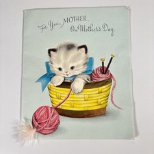 Vintage Mother’s Day Card Kitten Yarn Basket Forget Me Not Cat Kitty Greeting picture