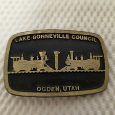 BSA Lake Bonneville Council Ogden UT Belt Buckle Train Golden Spike Solid Brass picture