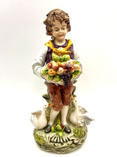 VTG Capodimonte Porcelain Figurine Hand Painted Boy with Fruit Basket and Swans picture