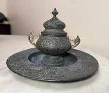 Large Antique ornate 19th century Victorian Metal bronze desk inkwell stand jar picture