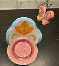 Avon Floral Butterfly Pink Ceramic Tea Light Candle Holder Hand Painted Boxed picture