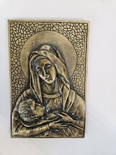 vintage Virgin Mary & Child Metal Wall Plaque Relief Hanging 6×4
