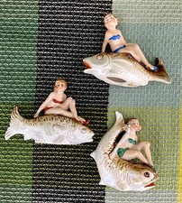 Antique Vintage Mermaid Figurines Set Of 3 Sitting On Fish Very Rare picture