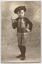 Antiq RPPC Boy Matador Creepy Costume Knife Spooky Torero Halloween Photo c1910 picture