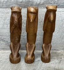 Vintage African Wood Hand Carved Monkey Figurines See, Hear & Speak No Evil picture