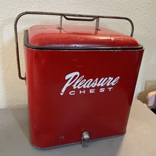 Vintage 1950s Pleasure Chest Red Metal Cooler w/Bottle Opener, Mid-Century Retro picture