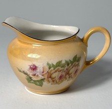 Vintage Czecho-Slovakia Porcelain Creamer Pitcher Yellow Lustreware Floral Rose picture