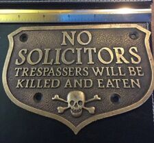 No Solicitors Metal Sign Plaque Trespass Violators Killed Plaque Brass Finish picture
