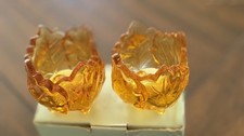 PartyLite Footed Oak Leaf Votive Pair Amber Glass Candle Holders Original Box picture
