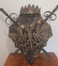 Vintage Medieval Cast Metal Coat Of Arms Dragons Shield With Swords Wall Art picture