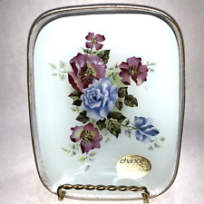 Chance Glass Floral Design Trinket Dish Frosted & Clear Glass Gold Trim picture