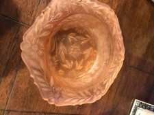 VINTAGE VERY HEAVY PINK FROSTED SATIN GLASS SHALLOW BOWL WITH DESIGN 16