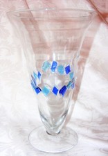Pedestal Vase, Clear Glass Blue & Aqua Diamond band design, Flower Vase 11” tall picture