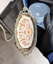 Ornate Metal Frame Oval Porcelain Plaque Plate/Tray Floral Design picture