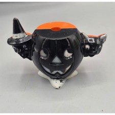 Vtg Rosbro Plastics Halloween Pumpkin Witch Cat Candy Holder Split Orange Black picture