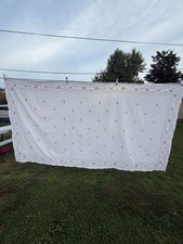 Vintage Embroidered Floral Tablecloth White Linen 114x63 picture
