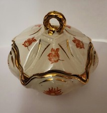 Vintage Porcelain Covered Candy Dish Pink Roses Gold Trim Dresser Powder Dish  picture