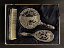 Vintage Silver Plated 3 Pc Dresser Vanity Set Mirror Brush Comb Boxed picture