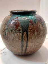 Japanese  Style Stoneware Storage Jar/ Tsubo Vase w Ash and Color Drip Glaze picture