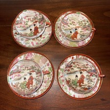 Vintage Japanese Geisha Tea Set 4 Cups 4 Saucers Hand Painted Porcelain Japan picture