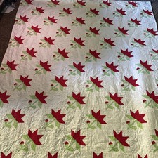 Handmade Antique Quilt Red & Green Poinsettia on white Cotton  82x64 Queen picture