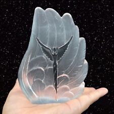 Clear Frosted Feather Shaped Glass Paperweight With Angel In The Middle Thick picture