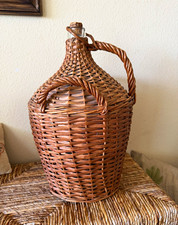 oversized Antique Brown Wicker Covered Glass Wine Demijohn Jug Bottle 20 X 12 in picture
