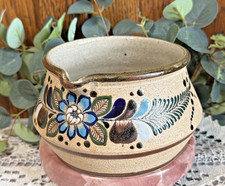 Tonala Mexican Tan Sandstone Pitcher w/ Handle Blue Floral Folk Art Signed 7x3