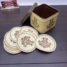 Vintage 1985 Pfaltzgraff Village Square Tin with 9 Ruffled Edge Round Coasters picture