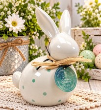 White Ceramic Easter Bunny Figurine Mint GreenPolka Dots Raffia Bow Spring Decor picture