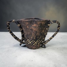 Vintage Primitive Clay Vessel Basket Two Double Handle Rattan Wrapped Pottery picture