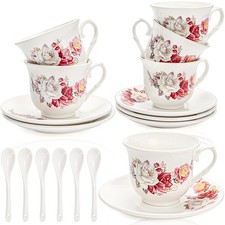 WRINGKIT Tea Cups and Saucers Set of 6, 6 Oz Porcelain Teacup Medium, White picture
