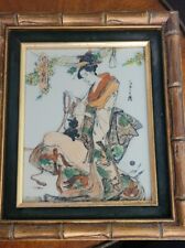 Antique Japanese Celluloid Etching Immortal with Cat Famille Rose Framed Signed picture