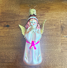 Made in Germany Glass Angel Christmas Hanging Ornament Pink White Gold picture