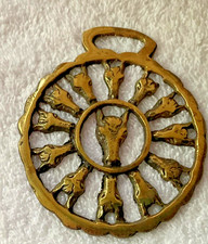 Brass Horse Medallion VTG English Horse Head Wheel Circle Parade Harness Decor picture