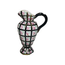 Vtg Handpainted Black Gold Floral Checkered Pitcher Vase picture