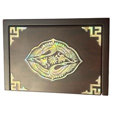 Vintage Korean Mother of Pearl Inlay Twin Crane Birds Wood Trinket Card Box 4.25 picture