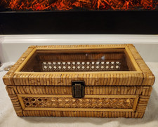 Rattan and Cane Box with Glass Hinged Top Lid Trinket Jewelry Keepsake Decor picture