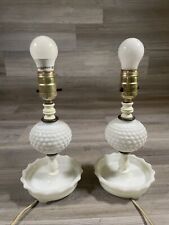 Pair of Vintage Hobnail Milk Glass Lamps Footed Dresser Bedroom Boudoir Tray picture