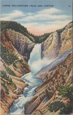 Lower Yellowstone Falls and Canyon WY Linen Yellowstone National Park Postcard picture