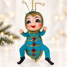 Vtg  Blue Anthropomorphic Pixie Bug Christmas Ornament Flocked Gold Trim Kitschy picture