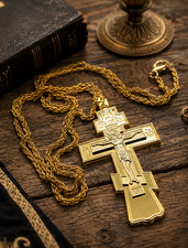 24KT Gold Plated Brass Pectoral Crucifix Cross Pendant and 48 1/2