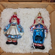 VTG 1997 Kurt Adler Raggedy Ann & Andy Glass Christmas Ornament Set w/ Wood Box picture
