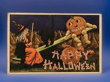 A/S Wall Halloween Postcard Jack O' Lantern & Witch Tee-er-Totter 1908 Black Cat picture